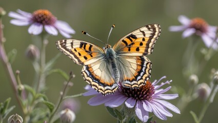 Lesser Spotted Fritillary Butterfly Resting Gracefully on a Vibrant Scabiosa Flower in a Natural Spring Environment