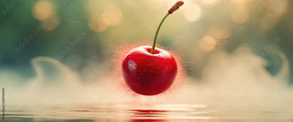 Aufkleber vibrant floating red cherry with motion effect surrounded by mist representing summer freshness and 