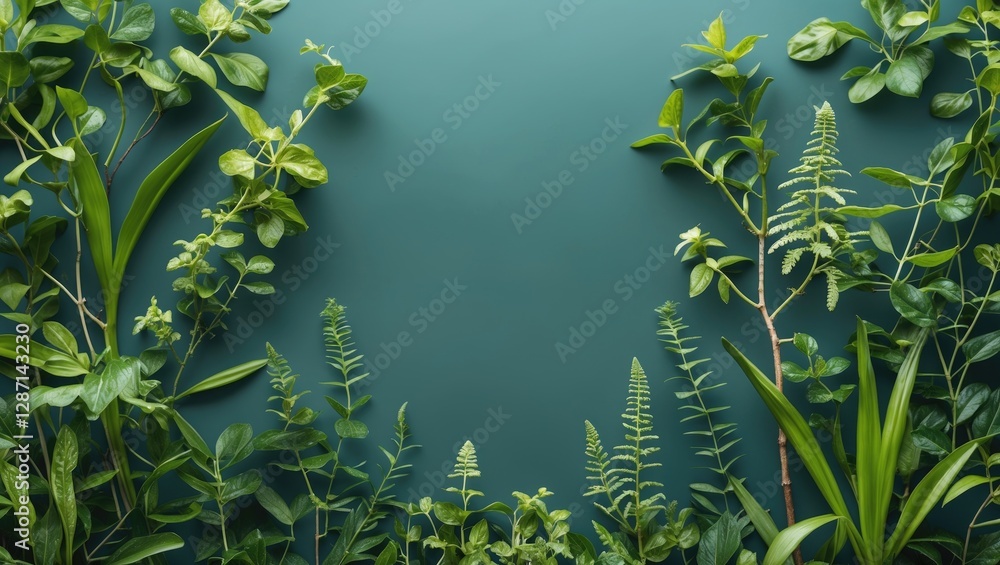 Poster lush greenery background with leaves framing an empty space for text or design elements in a natural