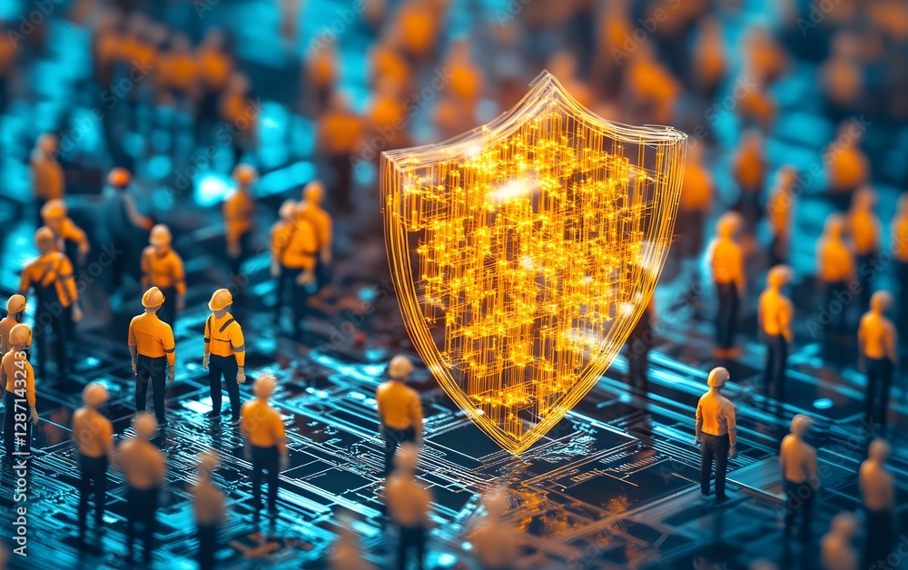 Poster a digital representation of cybersecurity with a glowing shield amidst tiny figurines, symbolizing p