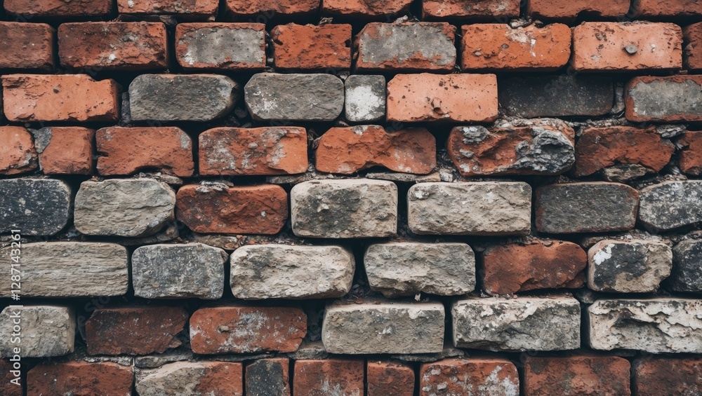 Poster weathered red and gray brick wall texture with stone elements ideal for backgrounds and architectura