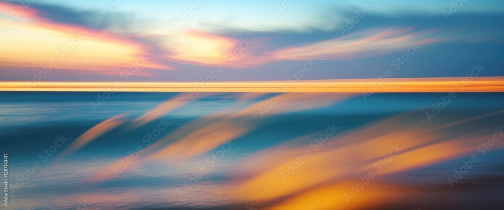 Poster abstract motion blurred background of a golden twilight sky reflecting on calm sea waves creating a 