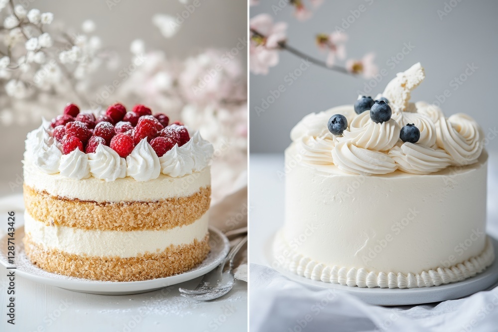 Poster Elegant cake display featuring raspberry and blueberry topped desserts on a light background with floral accents. Generative AI