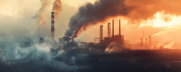 Obraz premium A dramatic industrial landscape showcasing tall smokestacks emitting thick smoke against a vibrant sunset. The scene captures the impact of industry on the environment.