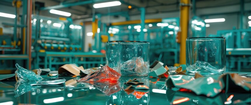 Glass manufacturing facility showcasing defective products and shattered glass pieces amidst a modern industrial setting.