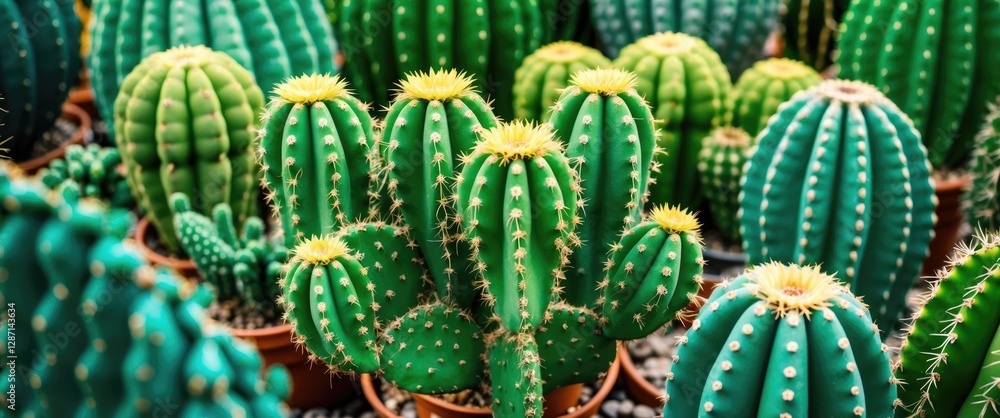 Poster lush green cacti arrangement showcasing various textures with ample negative space for text or desig