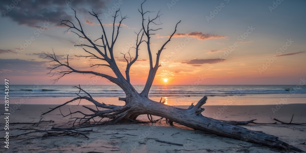Poster serene landscape of a weathered tree on beach at sunset with long exposure and negative space for te