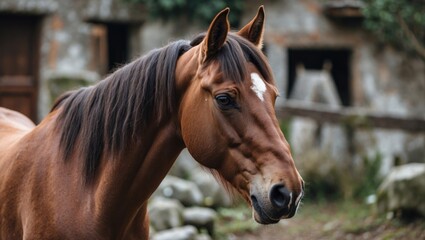Obraz premium Murgese horse portrait showcasing its elegant features and rustic farm background, representing an ancient Italian equine breed.