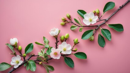 Obraz premium Delicate apple tree blossoms and green leaves on a soft pink background showcasing springtime beauty and freshness in nature's vibrant colors.