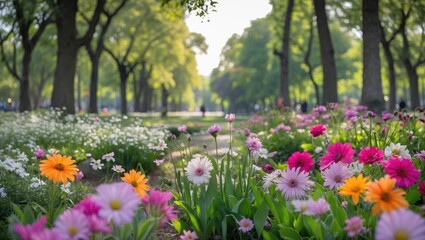 Vibrant Flower Garden in Urban Park Surrounded by Lush Green Trees and Pathways in Springtime Serenity