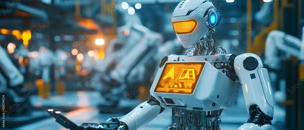 Poster a futuristic robot operates in a high-tech manufacturing facility, showcasing the integration of adv
