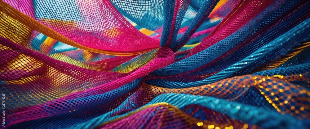 Poster vibrant mesh fabric texture in a dynamic layered arrangement showcasing colorful patterns and intric