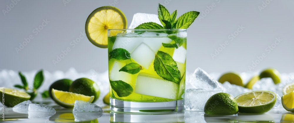 Poster refreshing mojito cocktail with mint and lime garnish on ice with empty space for custom text and ma