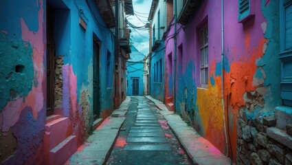 Naklejka premium Vibrant narrow alley with creatively painted walls showcasing an artistic urban landscape and a blend of colorful textures.