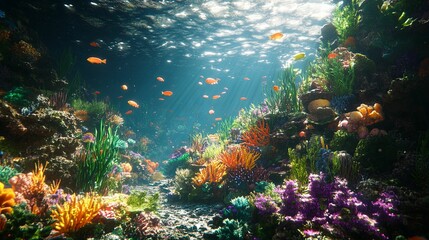 Naklejka premium Vibrant Coral Reef Ecosystem With Orange Fish Swimming