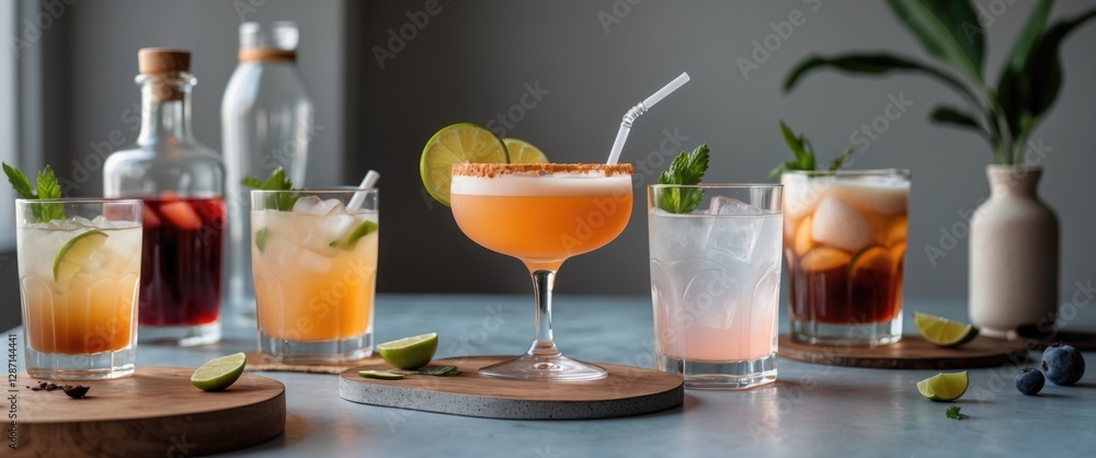 Poster vibrant non-alcoholic cocktails displayed on a table with fresh ingredients and empty space for cust