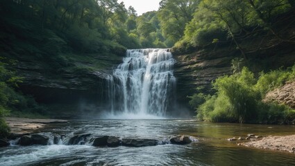 Obraz premium Waterfall cascading into serene river surrounded by lush greenery in tranquil natural setting during daytime.