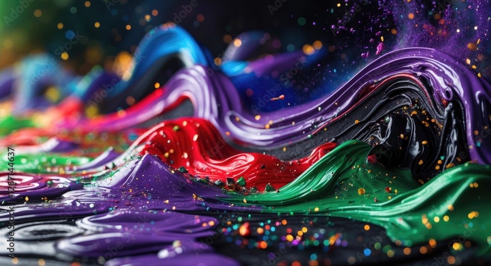 Poster vibrant abstract acrylic paint waves in motion with glitter particles creating a dynamic and colorfu