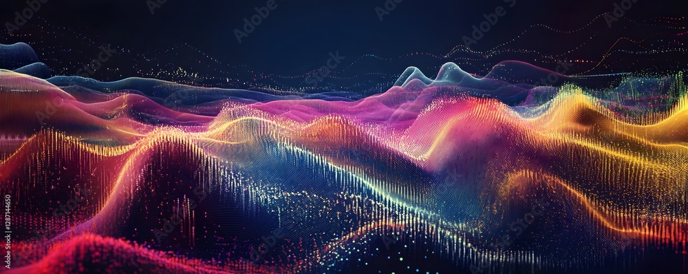 Poster a mesmerizing digital wave of colorful light patterns, representing sound waves or data visualizatio
