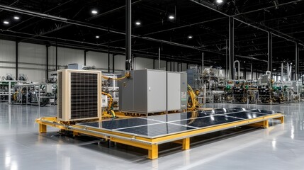 Solar panels power factory equipment; industrial background