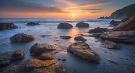 Serene Long Exposure Sunset Over Rocky Beach With Gentle Waves Creating Tranquil Atmosphere And Space For Text Overlay