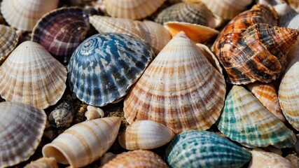 Obraz premium Colorful Collection of Seashells on Sandy Background Natural Texture of Mollusk Shells Gathered from the Ocean Shoreline