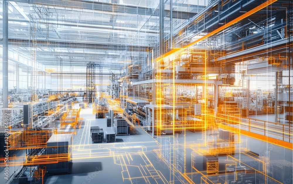 Poster a modern industrial warehouse with advanced technology and automation systems in place. the image sh