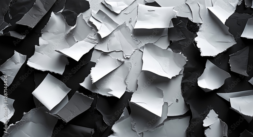 Poster torn black and white paper pieces scattered on a dark background creating a textured monochrome desi