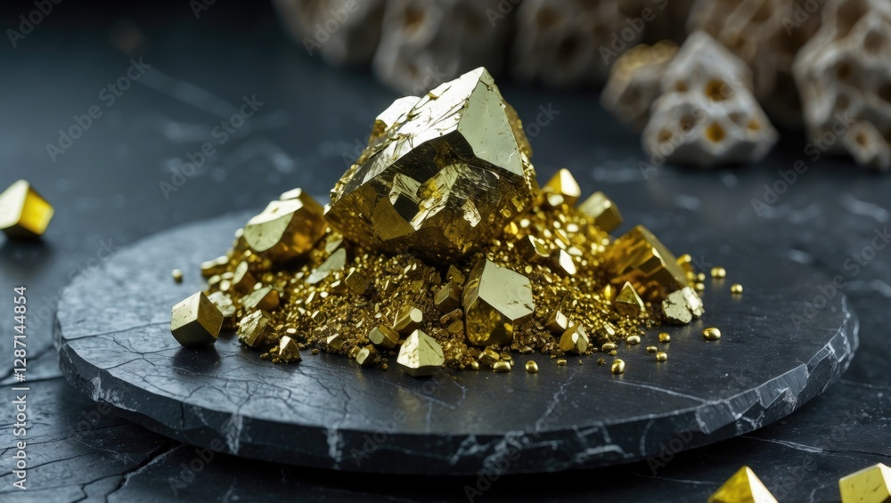 Poster golden pyrite mineral cluster displayed on a dark stone plate close-up showcasing its unique crystal