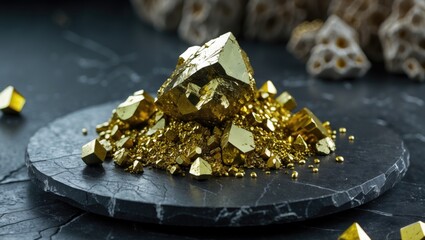 Golden pyrite mineral cluster displayed on a dark stone plate close-up showcasing its unique crystalline structure and metallic luster.