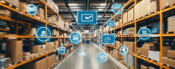 A modern warehouse showcasing advanced technology with digital interfaces. Efficient supply chain management illustrated through interconnected systems and data analytics.