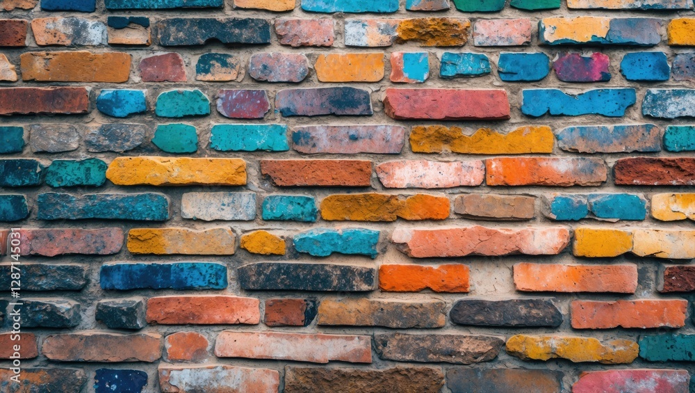 Poster colorful textured brick wall with a variety of hues creating a rustic and artistic backdrop for desi