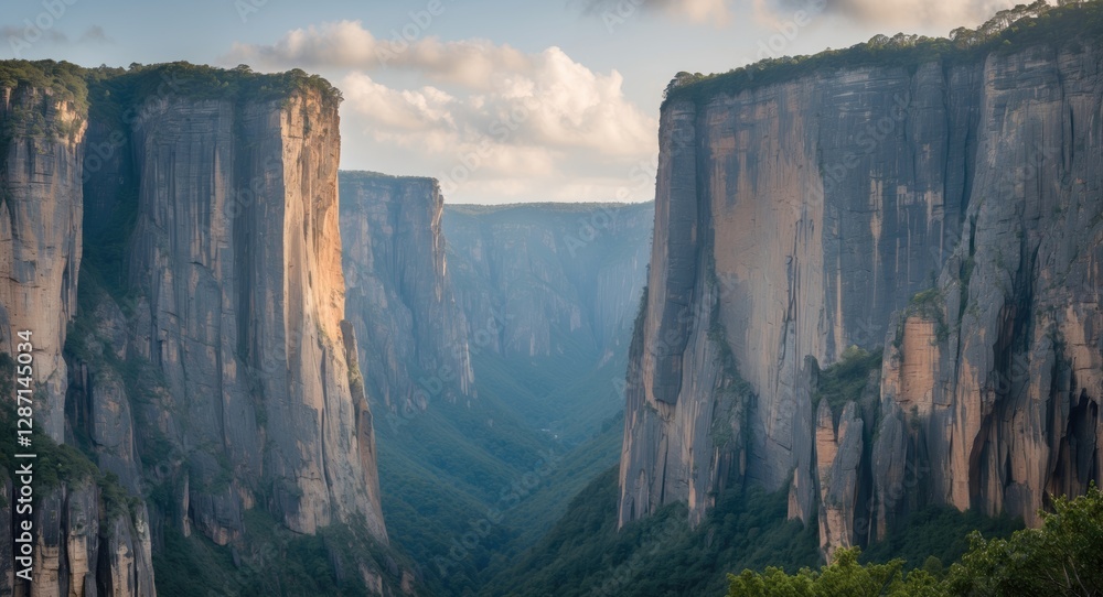 Aufkleber majestic cliffs rising above a lush valley with serene clouds and ample empty space for text or bran