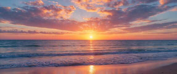 Fototapeta premium Vibrant summer sunset over tranquil beach with colorful clouds and sun nearing horizon, perfect for serene backgrounds or advertisements.