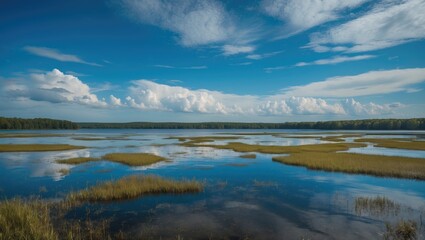 Serene Marsh Landscape Under Vast Blue Sky with Fluffy Clouds and Reflection on Water Surface Empty Banner Space for Custom Text