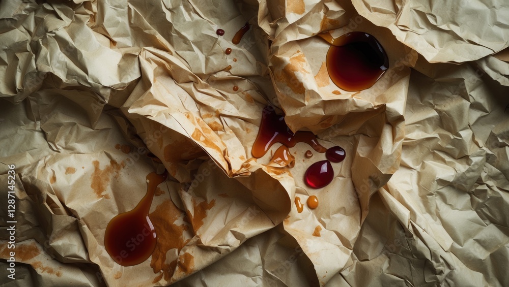 Poster crumpled vintage paper texture with coffee and wine stains creating a rustic, artistic background id