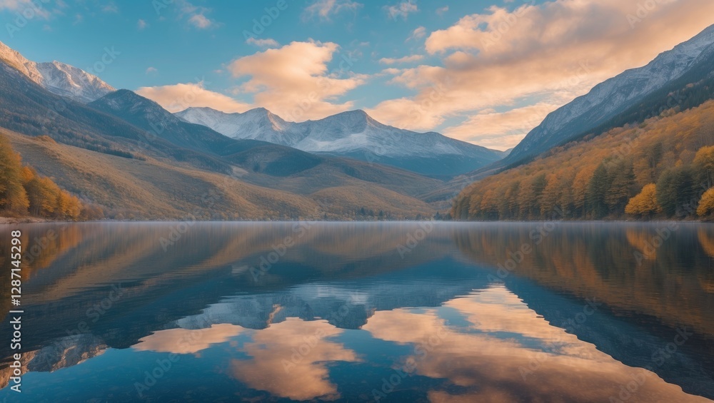 Aufkleber serene autumn mountain lake with calm water surface and reflections of blue sky and clouds in the ba