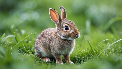 Fototapeta premium Adorable young rabbit sitting in lush green grass, showcasing its curious expression and fluffy fur in a serene natural setting.