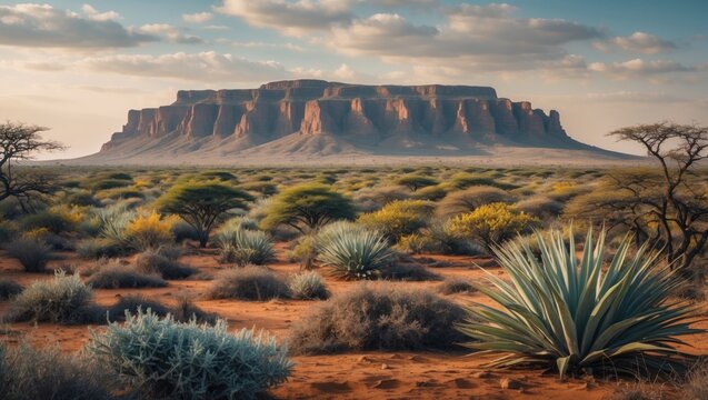 Namibian Landscape with Unique Vegetation and Expansive Open Space for Text Overlay - Powered by Adobe