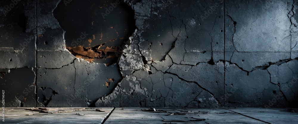 Aufkleber textured concrete wall with deep cracks and a moody black background ideal for grunge themes and art