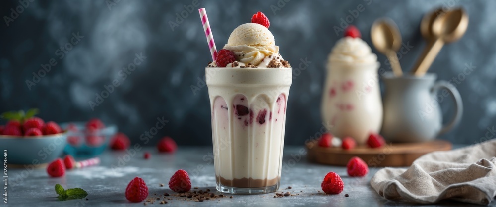 Poster delicious milkshake topped with ice cream and raspberries on a table with a rustic background and sp