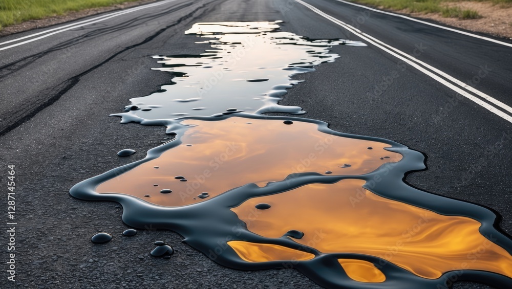 Poster oil slick reflecting colors on a freshly paved asphalt road creating an abstract pattern and texture