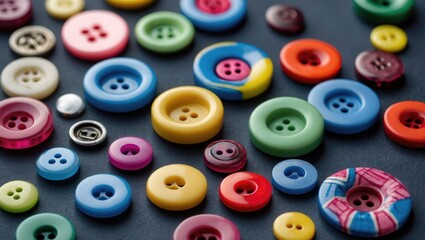 Colorful assortment of sewing buttons on a dark background showcasing texture and creativity in craft and textile design.