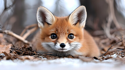 Fototapeta premium Cute red fox kit in winter forest, wildlife