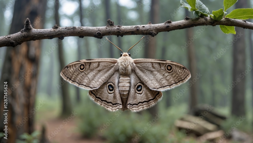 Poster moth resting on branch in lush national park with blurred forest background and clear space for text