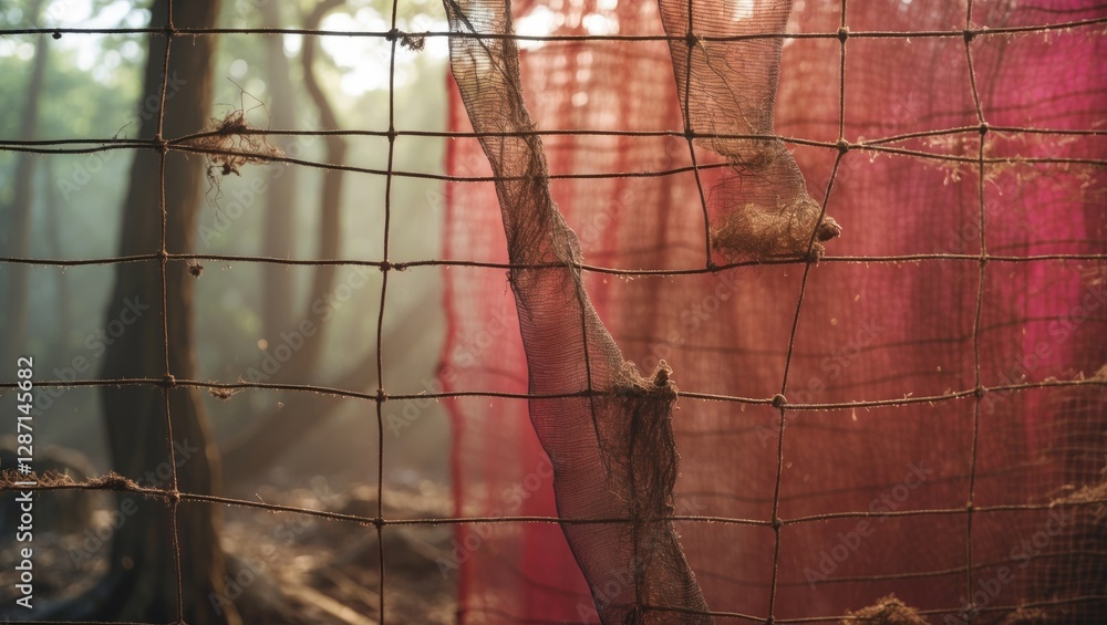 Aufkleber mosquito wire screen with dust particles illuminated by sunlight in a forest setting creating an eth