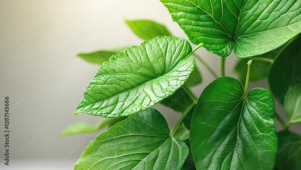 Wall mural Close-up of vibrant green leaves showcasing detailed textures and intricate veins against a soft blurred background.