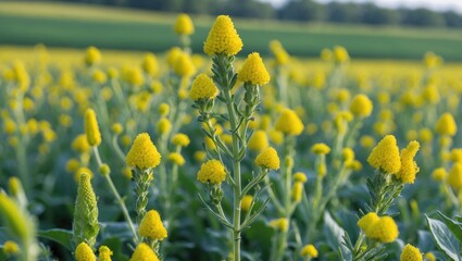 Obraz premium Vibrant Mustard Flower Field Under Clear Blue Sky with Lush Green Background Capturing Nature's Beauty and Agricultural Abundance