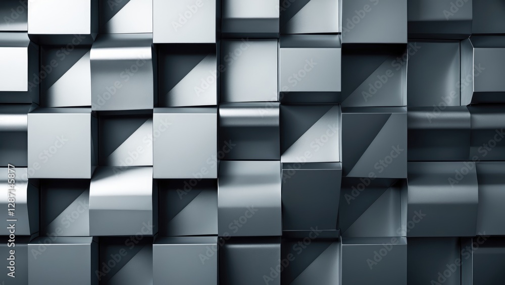 Poster metallic abstract pattern with 3d geometric cubes and reflections creating a modern industrial aesth