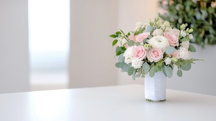 Elegant Bouquet on White Table, Interior Setting, Possible use in Wedding or Event Design